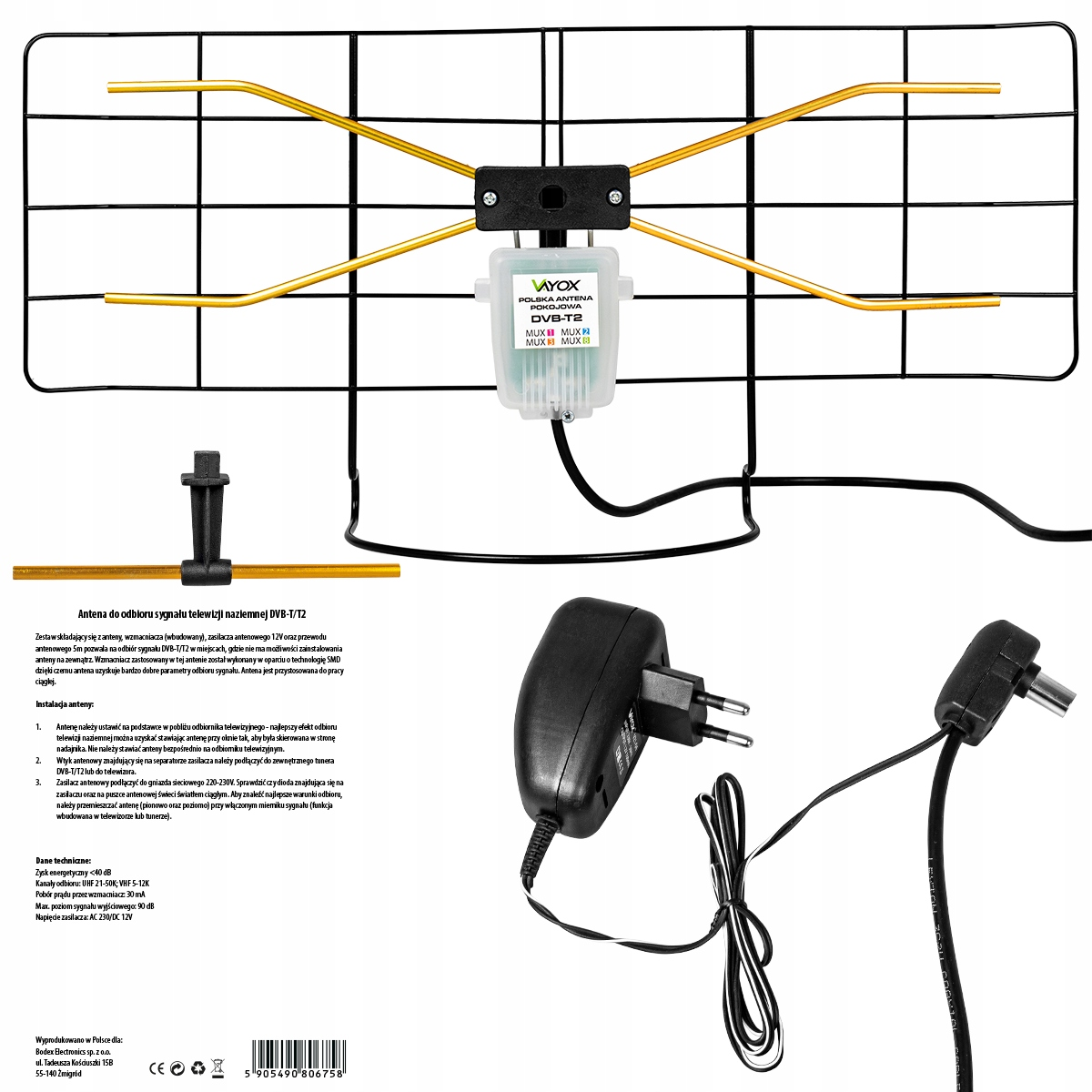 Antena TV. Czarna i złota antena z zasilaczem na białym tle.