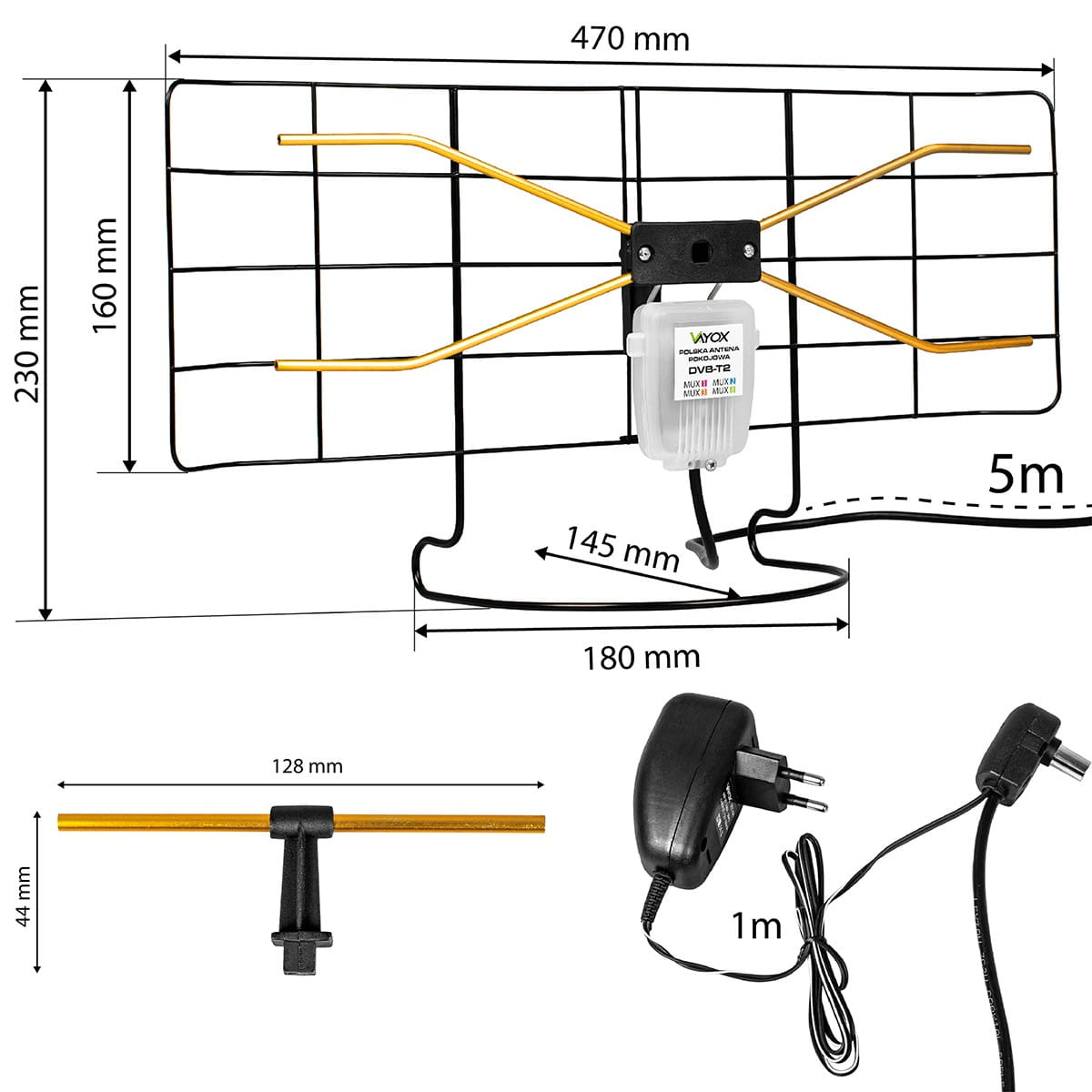 Antena TV z wymiarami. Czarna i złota antena z zasilaczem i jej wymiarami.