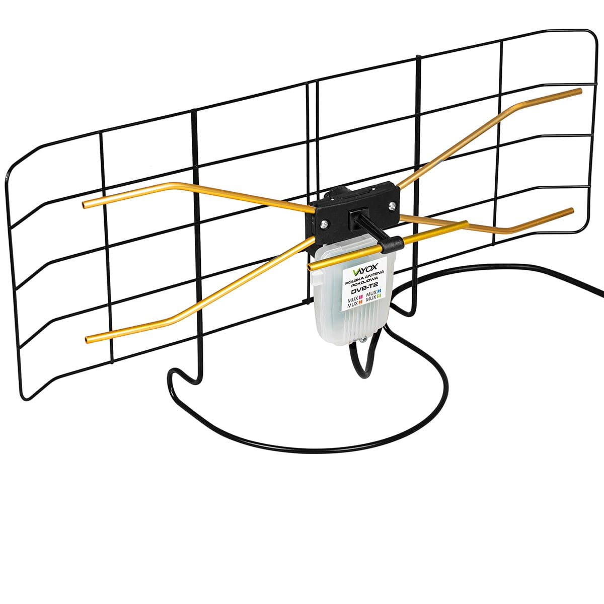 Czarna antena telewizyjna z wieloma poziomymi i pionowymi metalowymi prętami. Ma czarny kabel i białą skrzynkę.