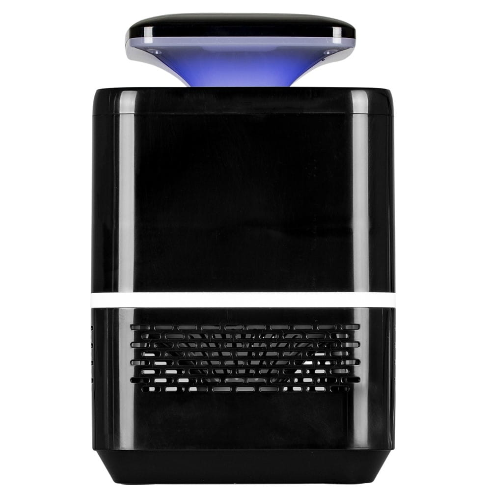 Czarny łapacz owadów z niebieskim górnym światłem i białym paskiem. Łapacz ma siatkowy wzór i kwadratowy kształt.