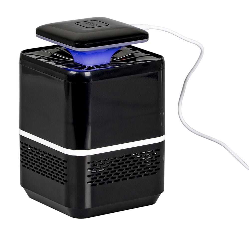 Czarny łapacz owadów z odłączoną górą. Góra ma niebieskie światło i jest podłączona białym kablem.