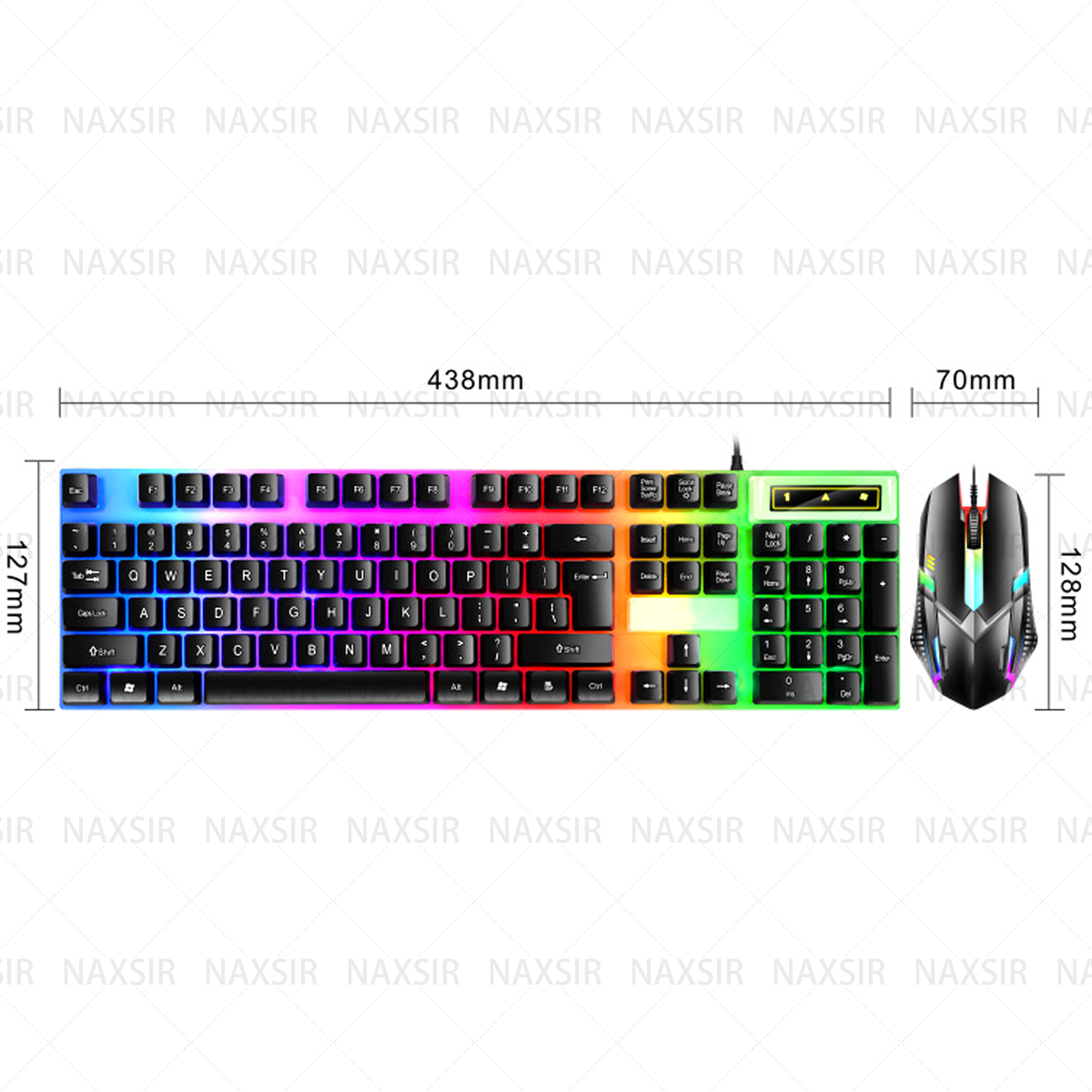 RGB-Gaming-Tastatur und -Maus. Abmessungen werden angezeigt.
