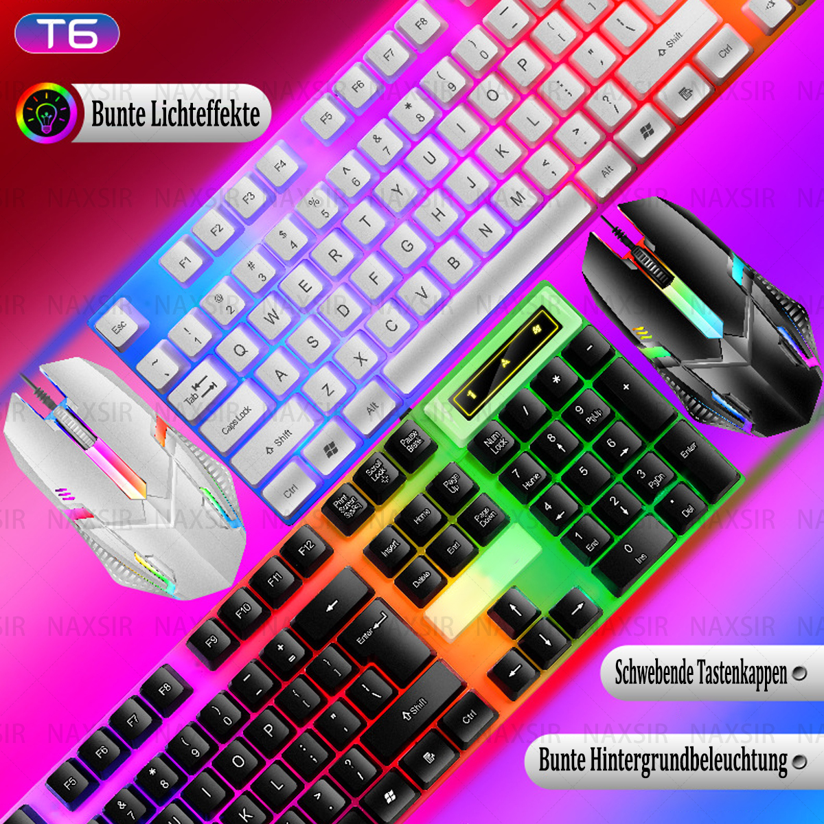 Gaming-Tastatur und -Maus-Set mit RGB-Beleuchtung. Mehrere Artikel werden angezeigt.