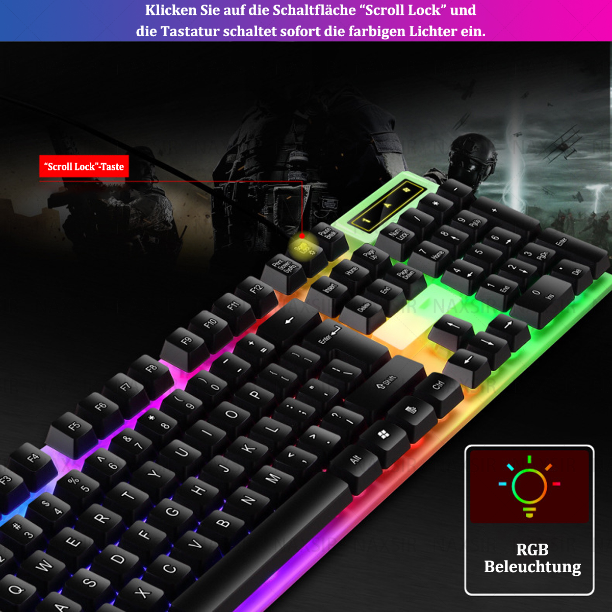 Regenbogenbeleuchtete Gaming-Tastatur mit vielen Tasten, schwarz, mit Text und RGB-Symbol.
