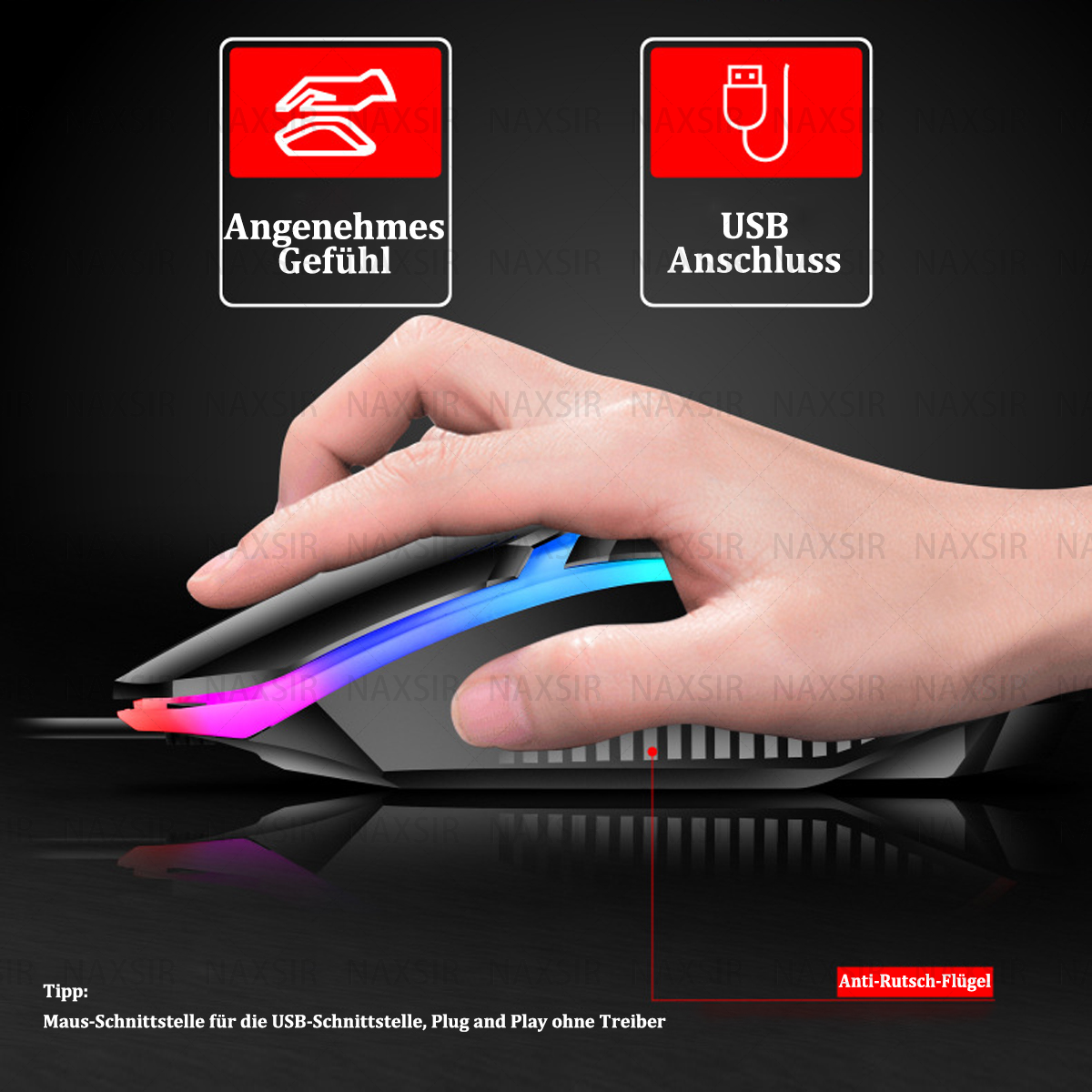 Schwarze Gaming-Maus mit RGB-Beleuchtung. Hand hält die Maus.