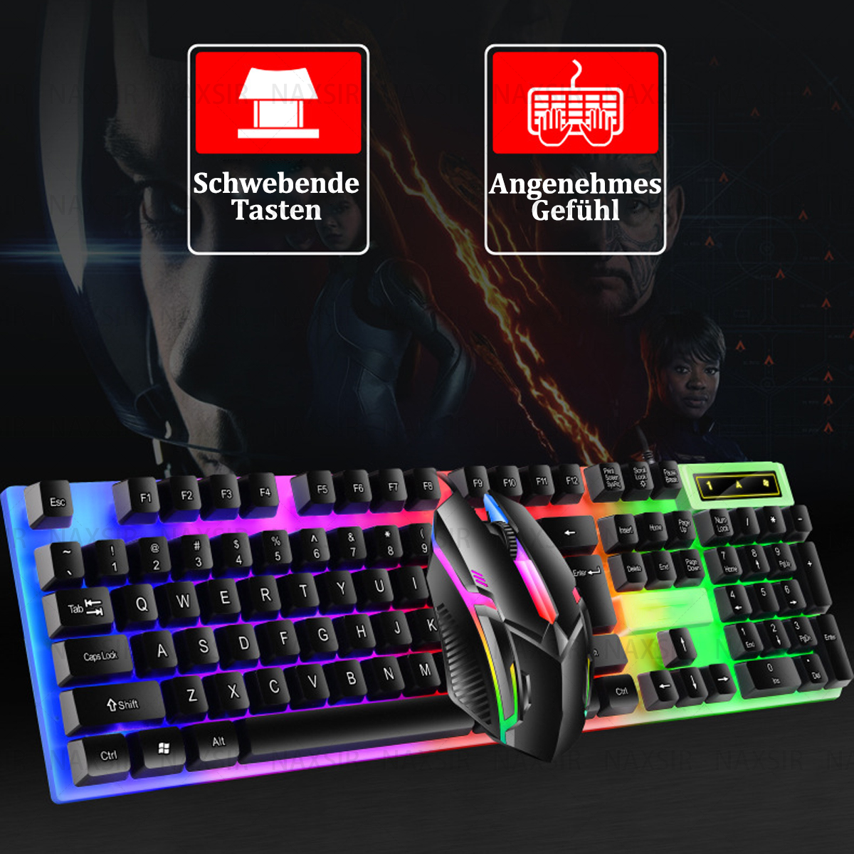 RGB-Gaming-Tastatur und -Maus, mit Symbolen, die Funktionen anzeigen.