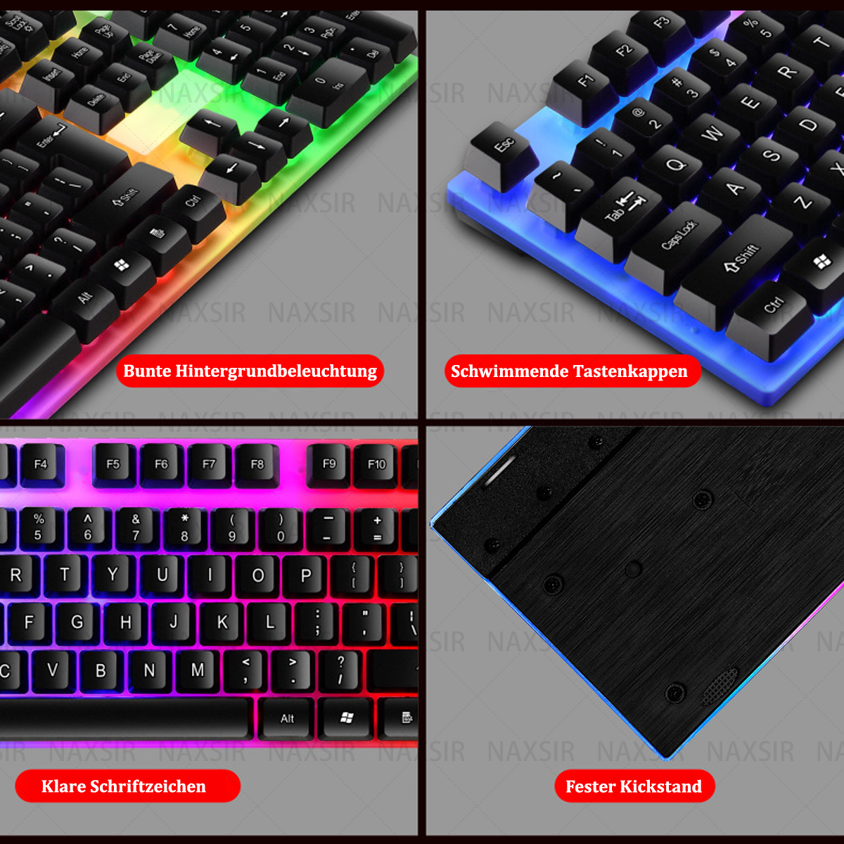 Nahaufnahme einer Gaming-Tastatur mit RGB-Beleuchtungsdetails.
