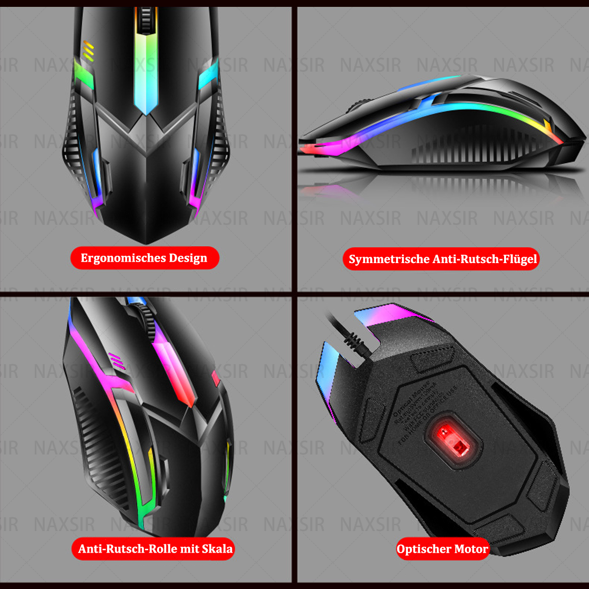Nahaufnahme einer Gaming-Maus aus verschiedenen Winkeln, ergonomisches Design.