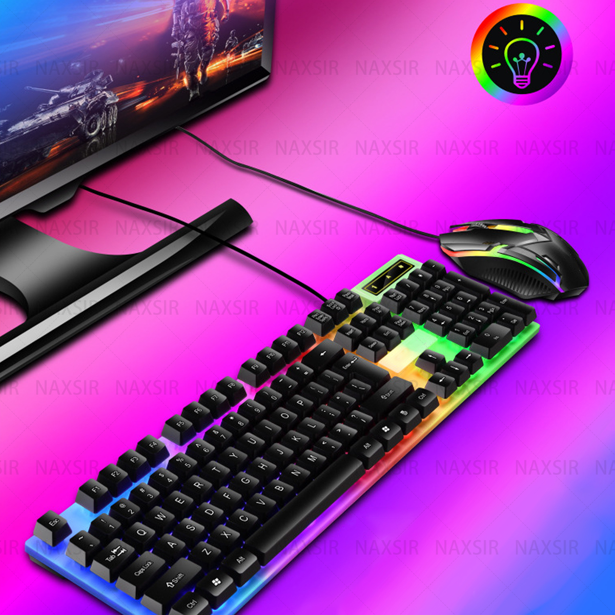 RGB-Gaming-Tastatur und -Maus. PC-Bildschirm im Hintergrund.