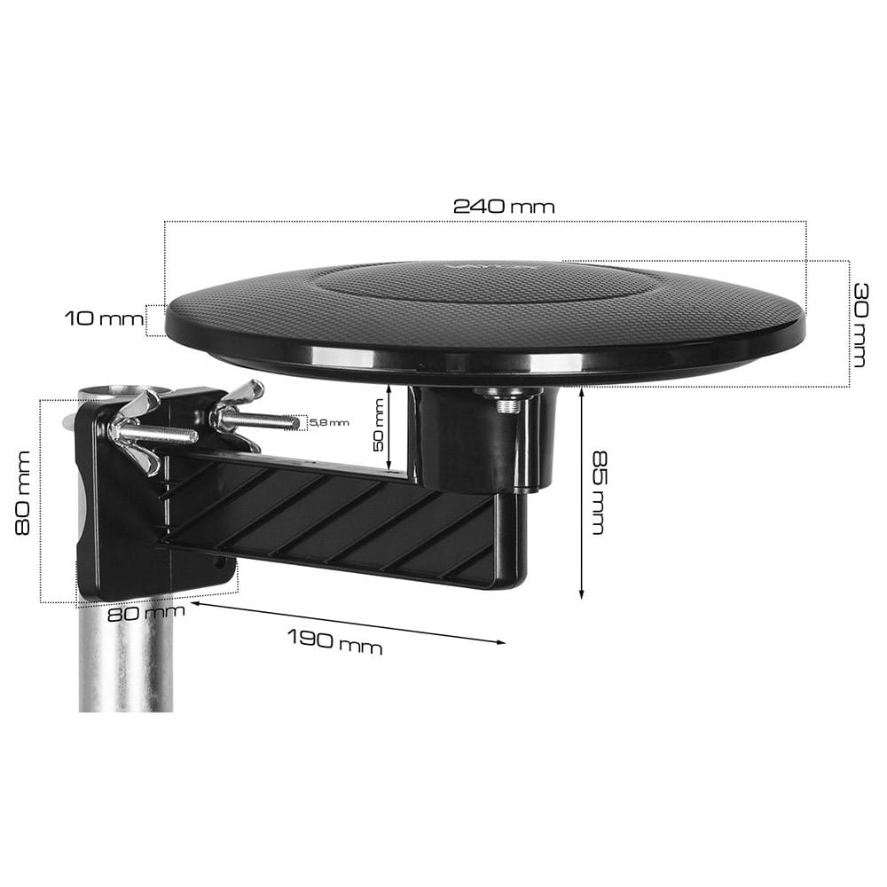 Czarna antena satelitarna z wymiarami w milimetrach. Antena jest zamontowana na wsporniku.