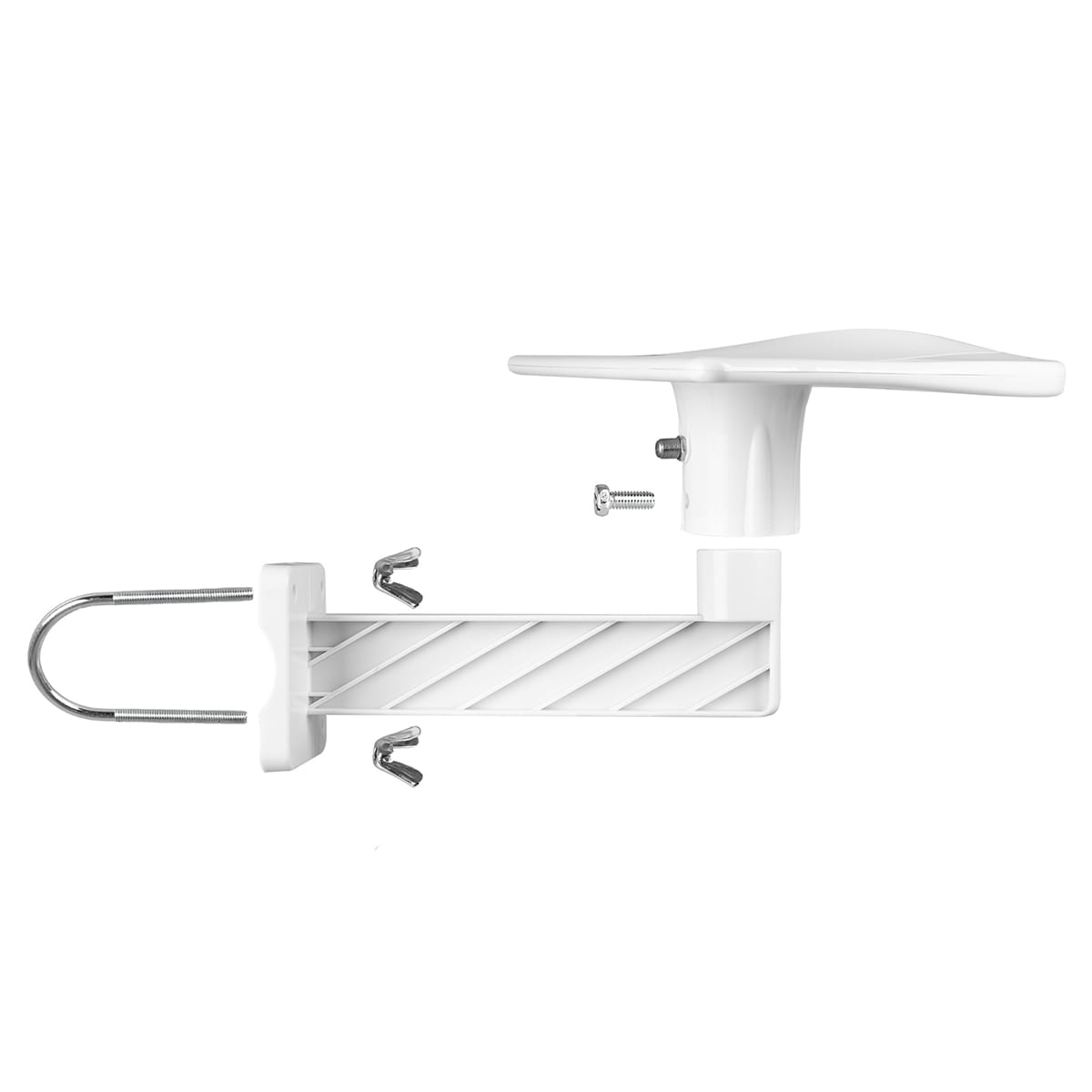 Biała antena z ramieniem wspornikowym i osprzętem montażowym, na białym tle.