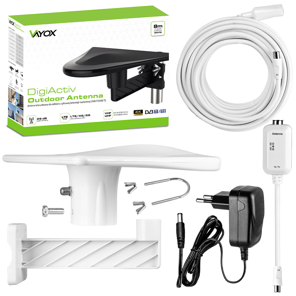 Zestaw antenowy z różnymi częściami: biała antena, kabel i adapter na białej powierzchni.