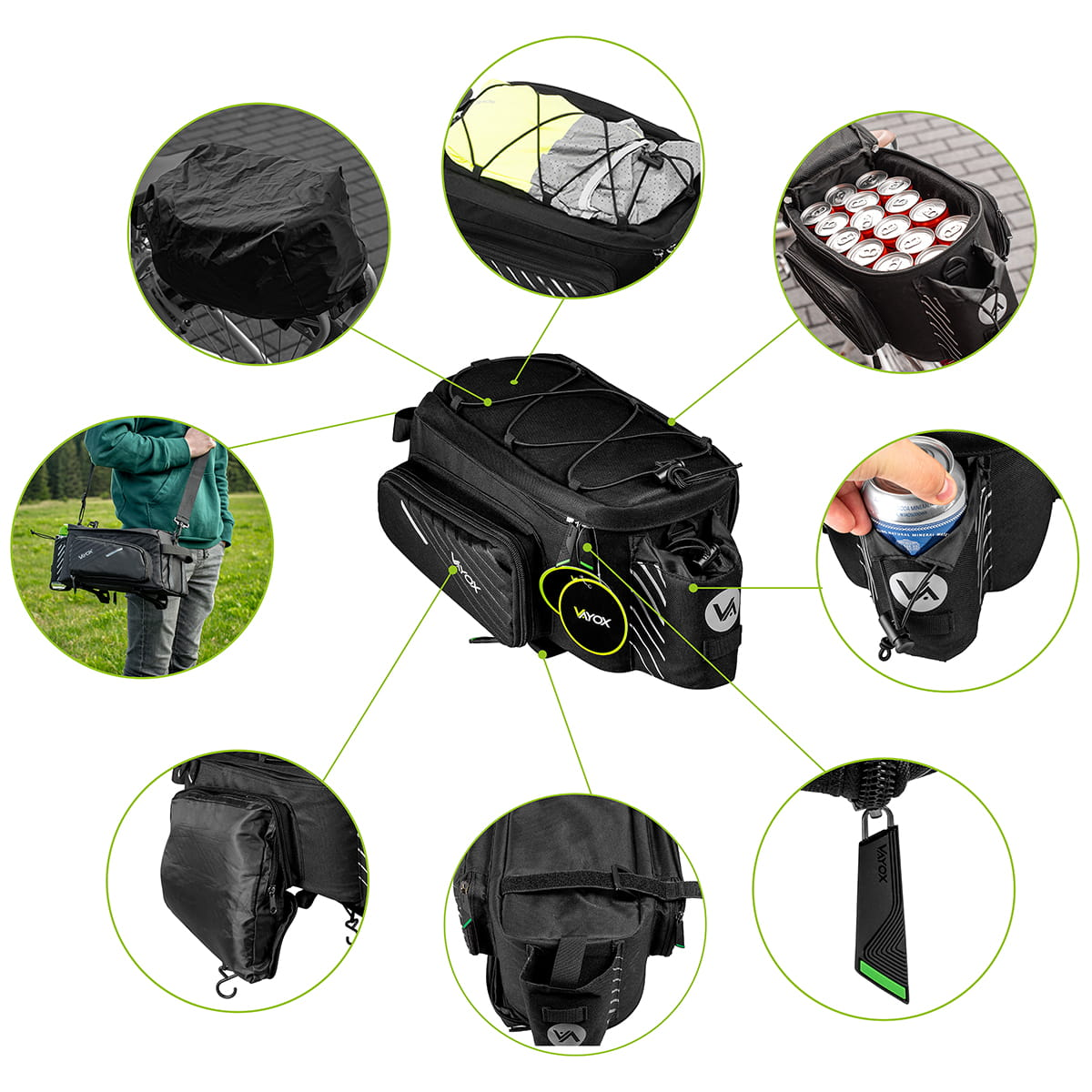 Torba rowerowa z różnymi przedmiotami, w tym puszkami z napojami, przymocowana do roweru.