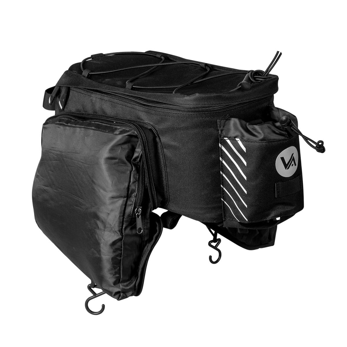 Czarna torba rowerowa z wieloma przegrodami i hakami, na białym tle.