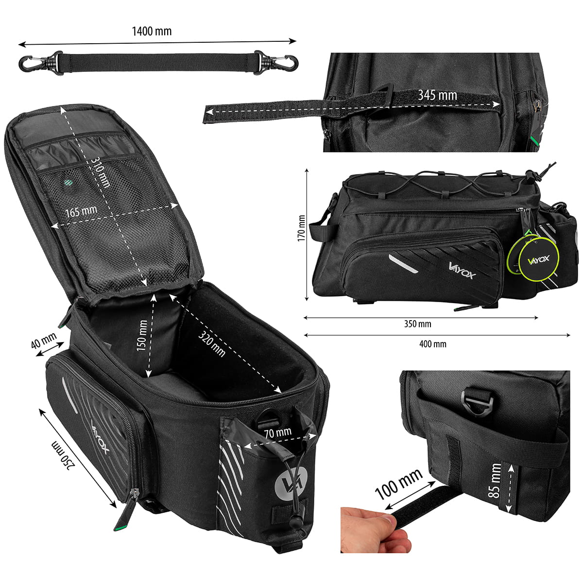 Czarna torba rowerowa z wymiarami, w tym wymiarami, i dłoń trzymająca pasek.