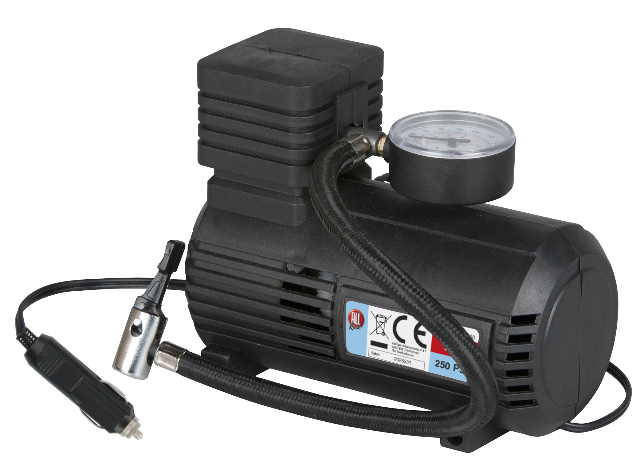 Een zwarte draagbare luchtcompressor met een meter en adapter.