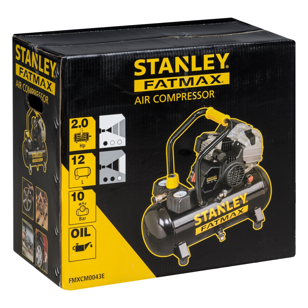 Een zwarte doos met de Stanley Fatmax luchtcompressor erop, met specificaties.