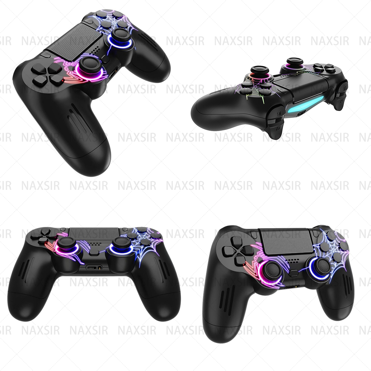 Quattro controller di gioco neri con dettagli illuminati colorati sono visualizzati su uno sfondo semplice.