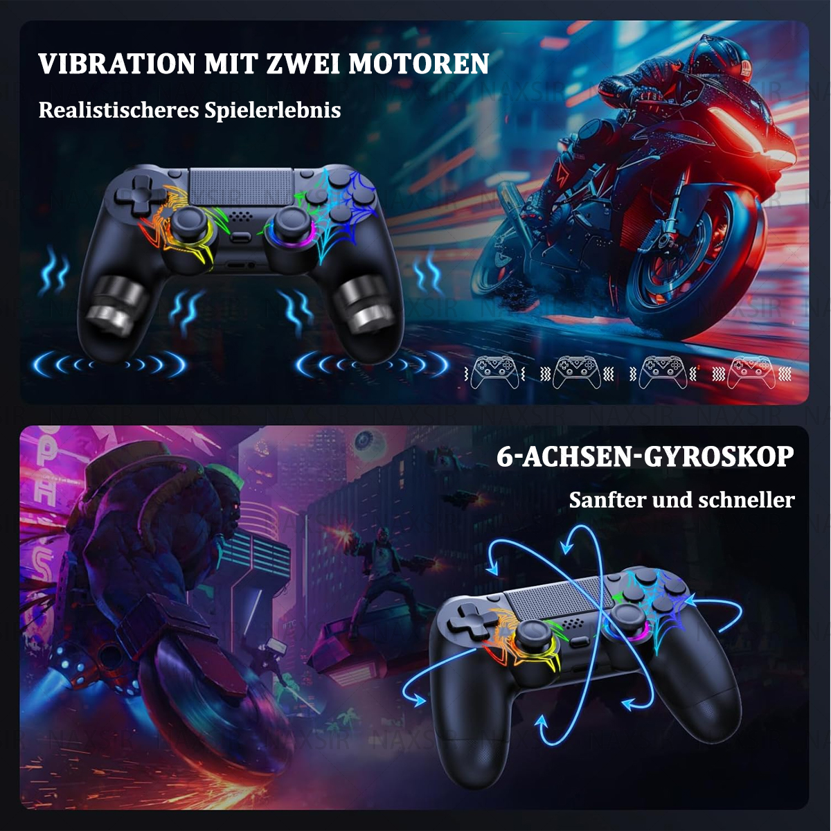 Due controller dai colori vivaci. Lo sfondo mostra una scena di gioco e il testo dice 'Vibrazione'.