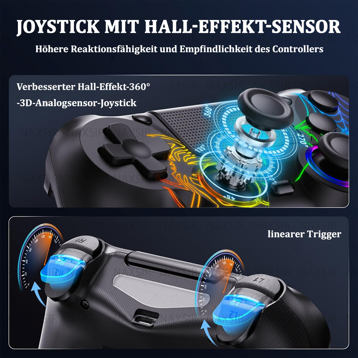 Primo piano dei dettagli del controller di gioco. Ha un joystick con sensore a effetto Hall per la reattività.