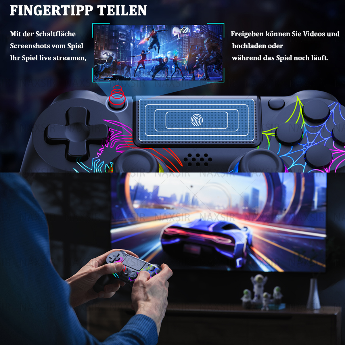 Un controller per videogiochi con pulsanti luminosi e sfondo di Spiderman.