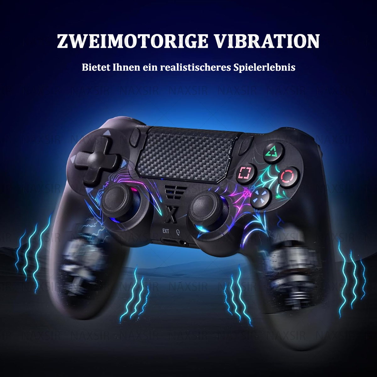 Un controller di gioco nero con funzione vibratore. Ha pulsanti illuminati e uno sfondo nero.