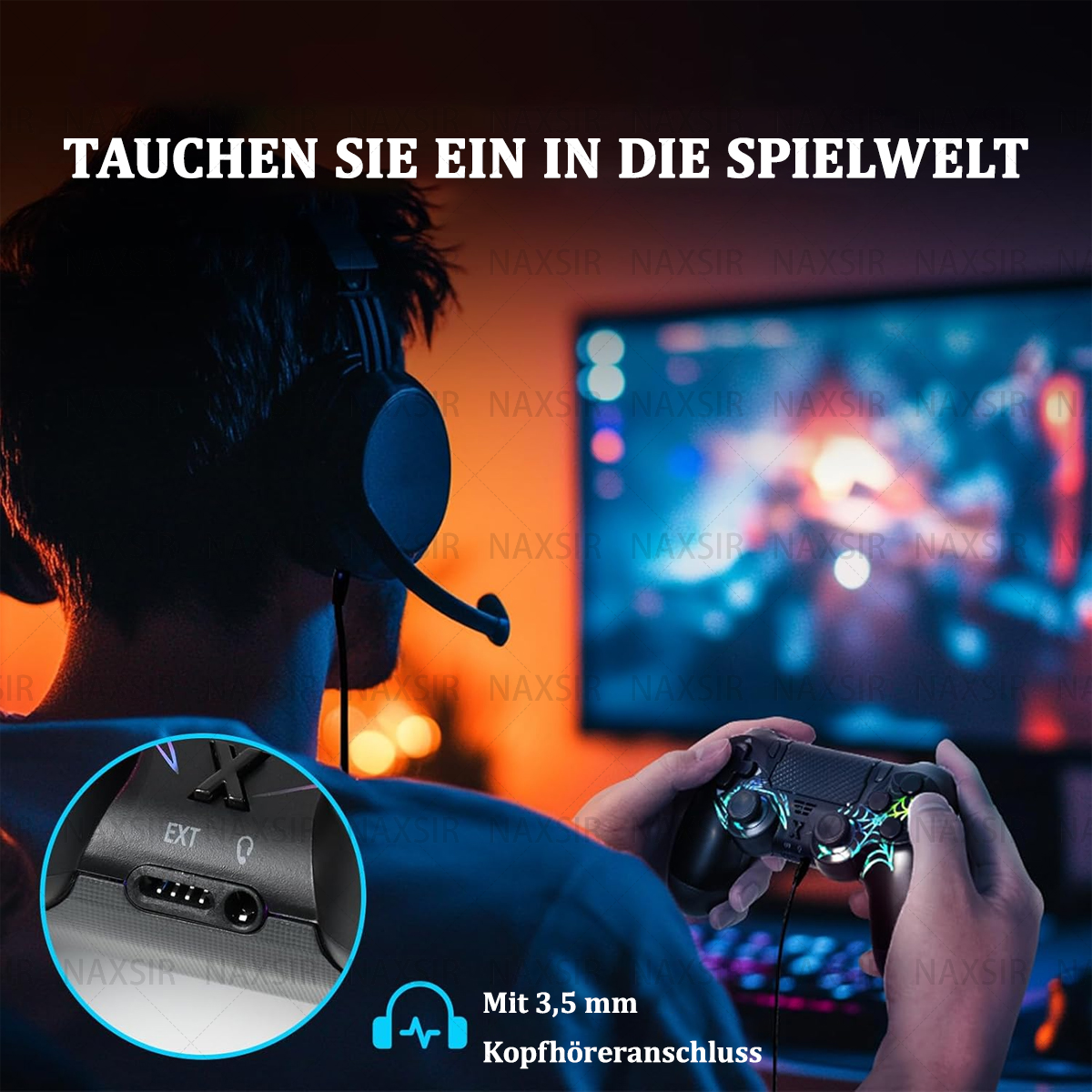 Una persona con le cuffie gioca con un controller. Il testo dice: "Immergiti nel mondo del gioco."