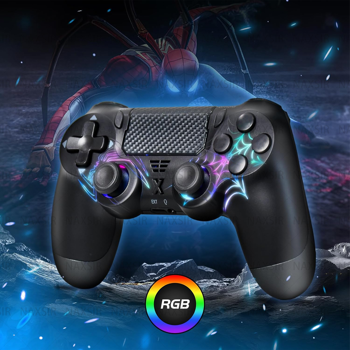 Un controller per videogiochi con pulsanti luminosi, design a ragnatela e immagine di Spiderman.