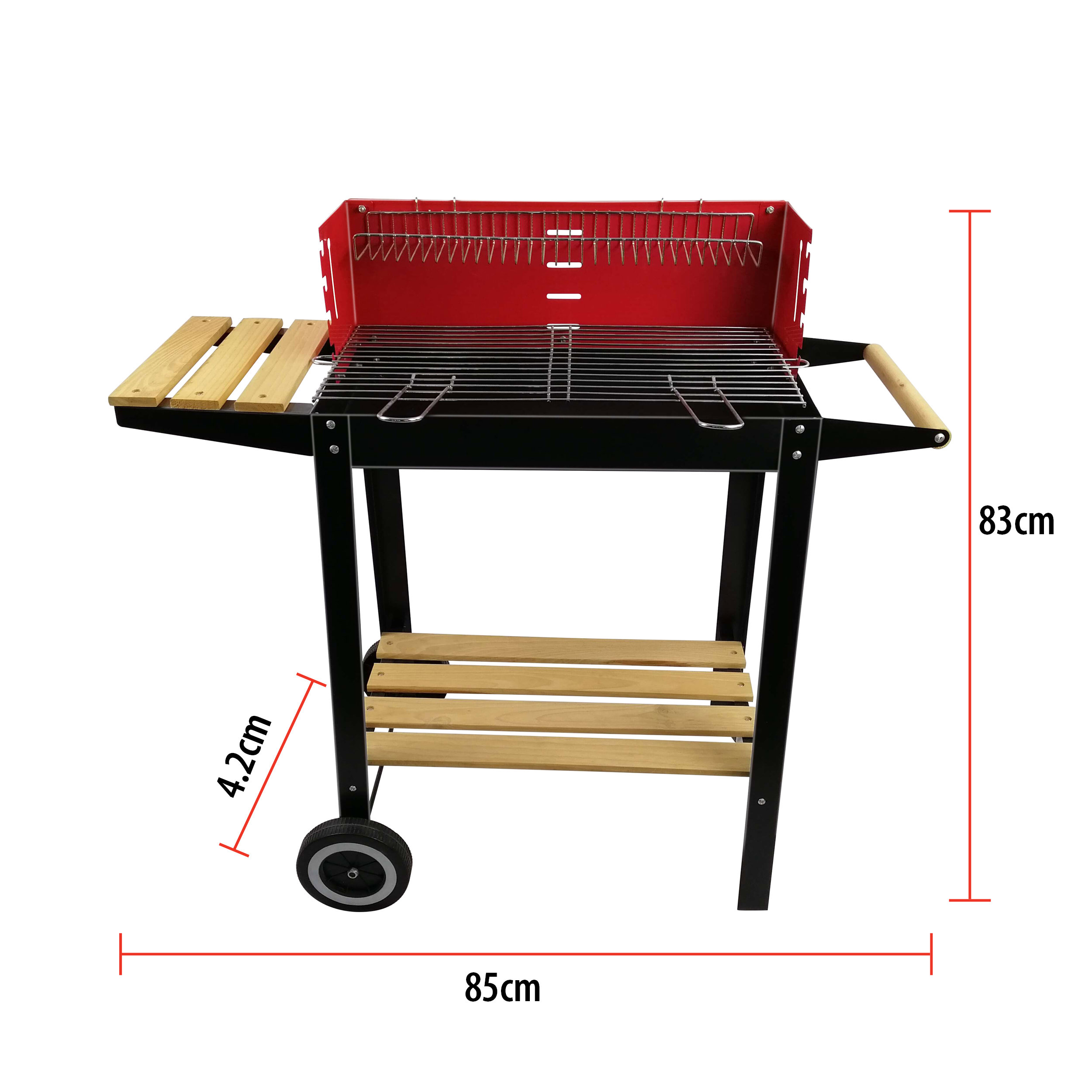 Een rode en zwarte grill met houten planken. Het heeft afmetingen van 83 cm hoogte, 85 cm breedte en 4,2 cm diepte.