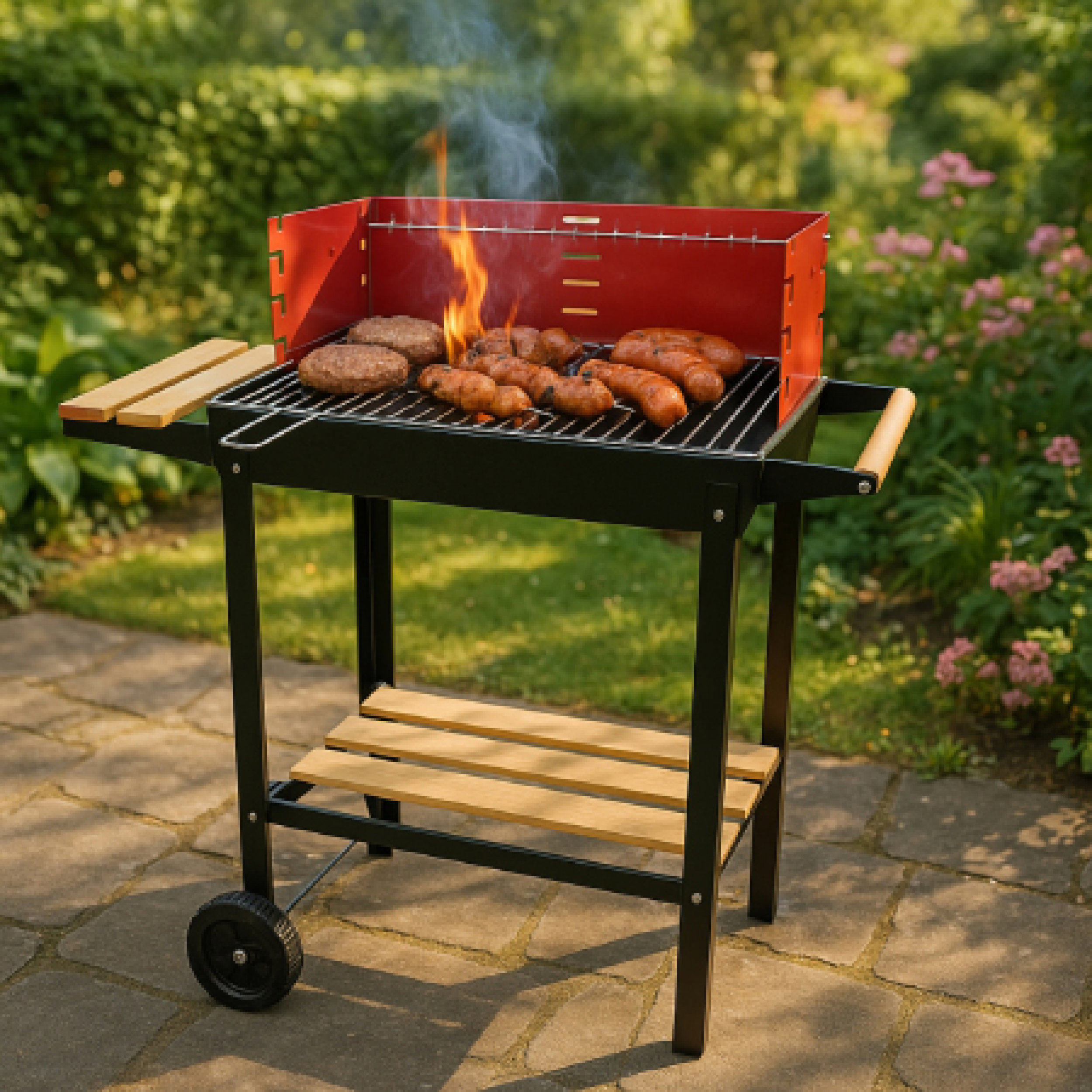 Een barbecue met eten erop in een tuin, met bloemen en gras op de achtergrond.