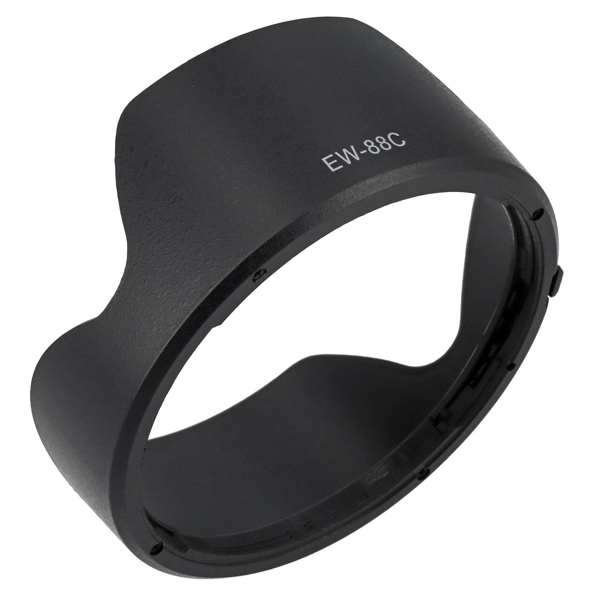 Schwarze Sonnenblende für eine Kamera, breite, kreisförmige Form.