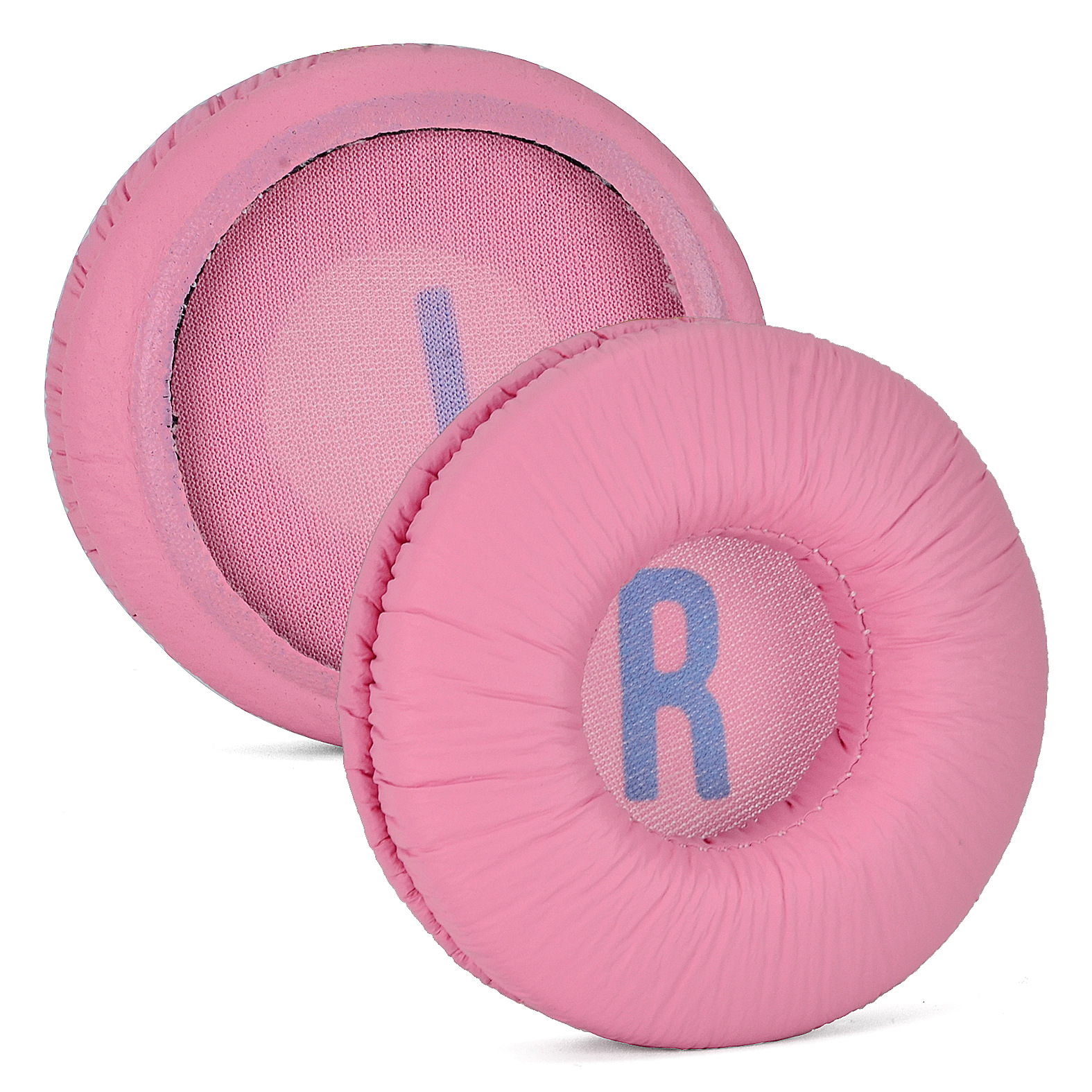 Zwei rosa Kopfhörer-Ohrpolster, eines mit 'R' und das andere mit 'L' in Blau.