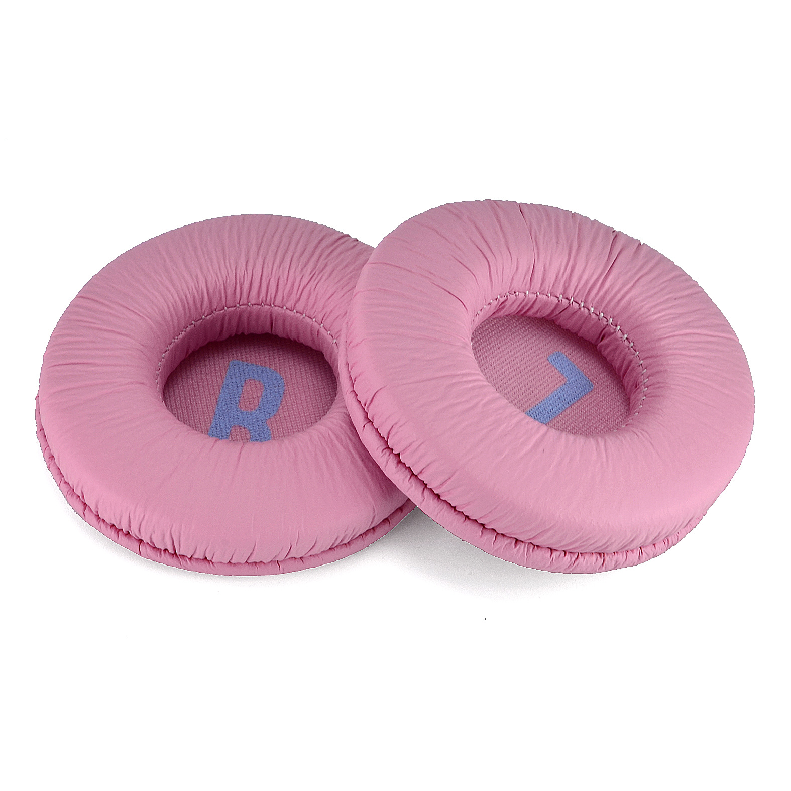 Paar rosa Kopfhörer-Ohrpolster. Buchstabe „R“ und „L“ sind darauf geschrieben.