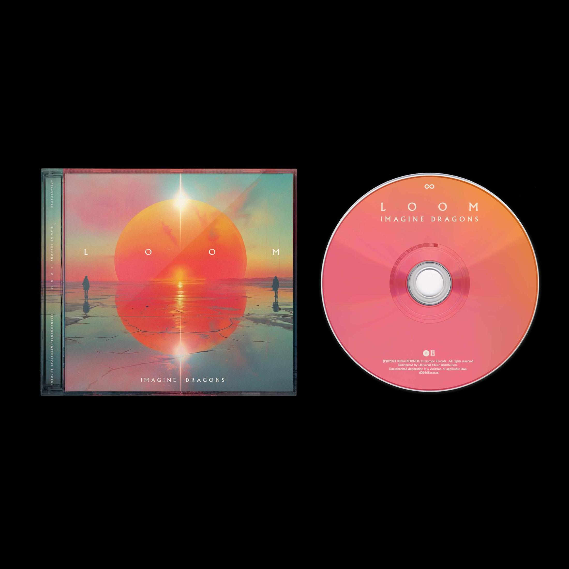 Portada del álbum 'Loom' de Imagine Dragons con un CD sobre fondo negro.