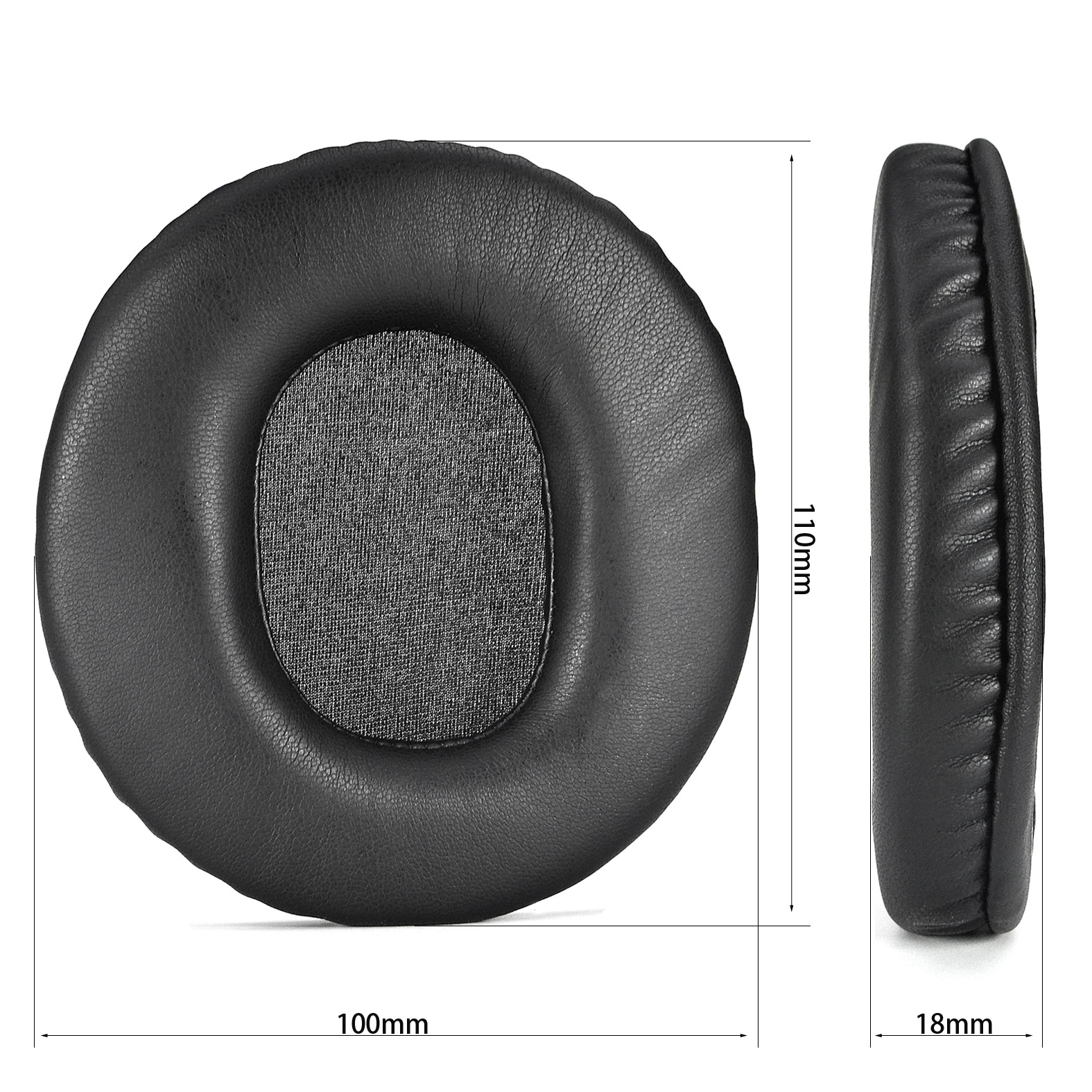 Schwarze Kopfhörer-Ohrpolster, rund und oval. Abmessungen zeigen 100 mm x 110 mm und 18 mm Dicke.