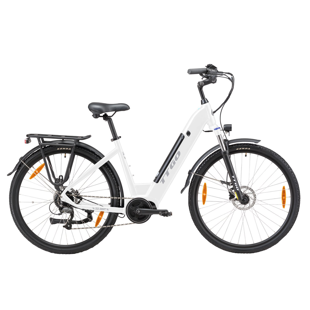 Biały rower elektryczny z czarnymi oponami i komponentami, z pomarańczowymi odblaskami na kołach.