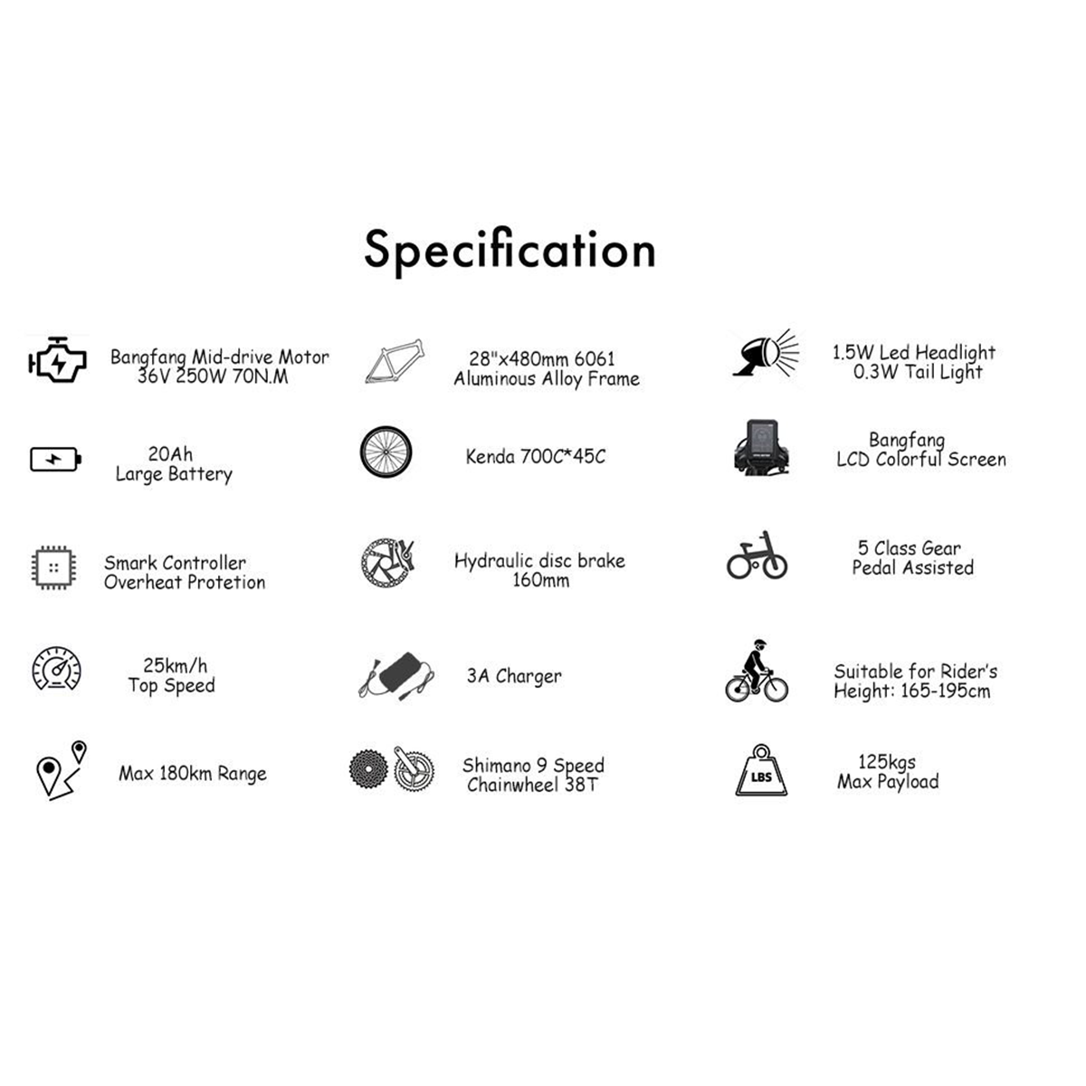 Arkusz specyfikacji szczegółowo opisujący cechy, takie jak silnik, bateria i inne komponenty.