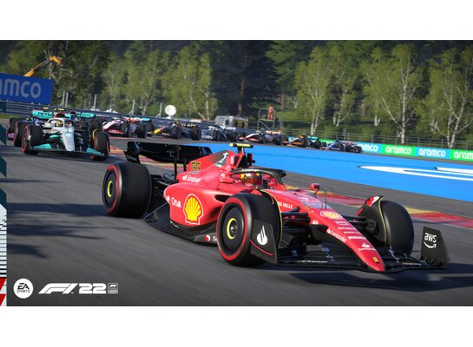 Auto da corsa di Formula 1 su una pista, altre auto sullo sfondo. La pista ha uno sfondo blu e verde.