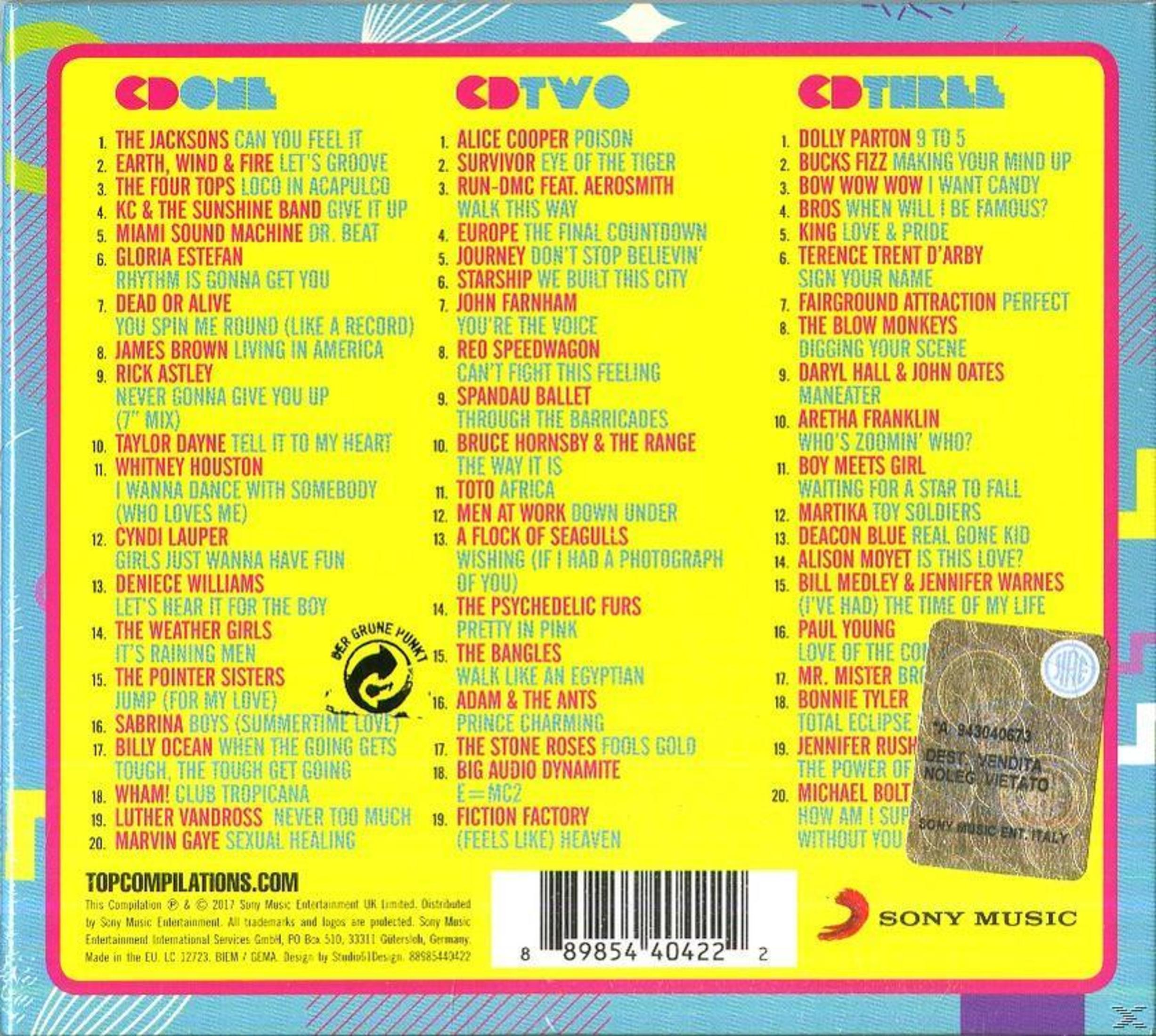 CD-Cover mit Titellisten in verschiedenen Farben. Das Logo der CD und ein Sony Music-Logo sind sichtbar.