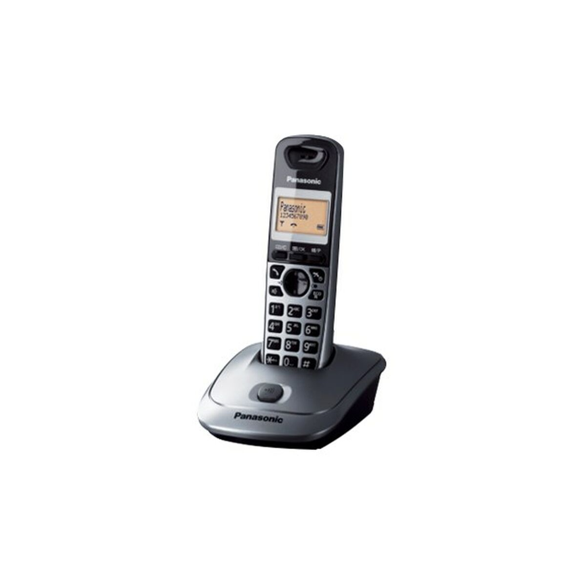 Telefono cordless e base Panasonic. Base argentata e portatile nero con schermo.