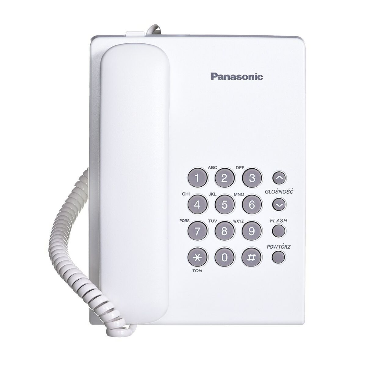 Un telefono Panasonic bianco con tastierino e cavo a spirale della cornetta.