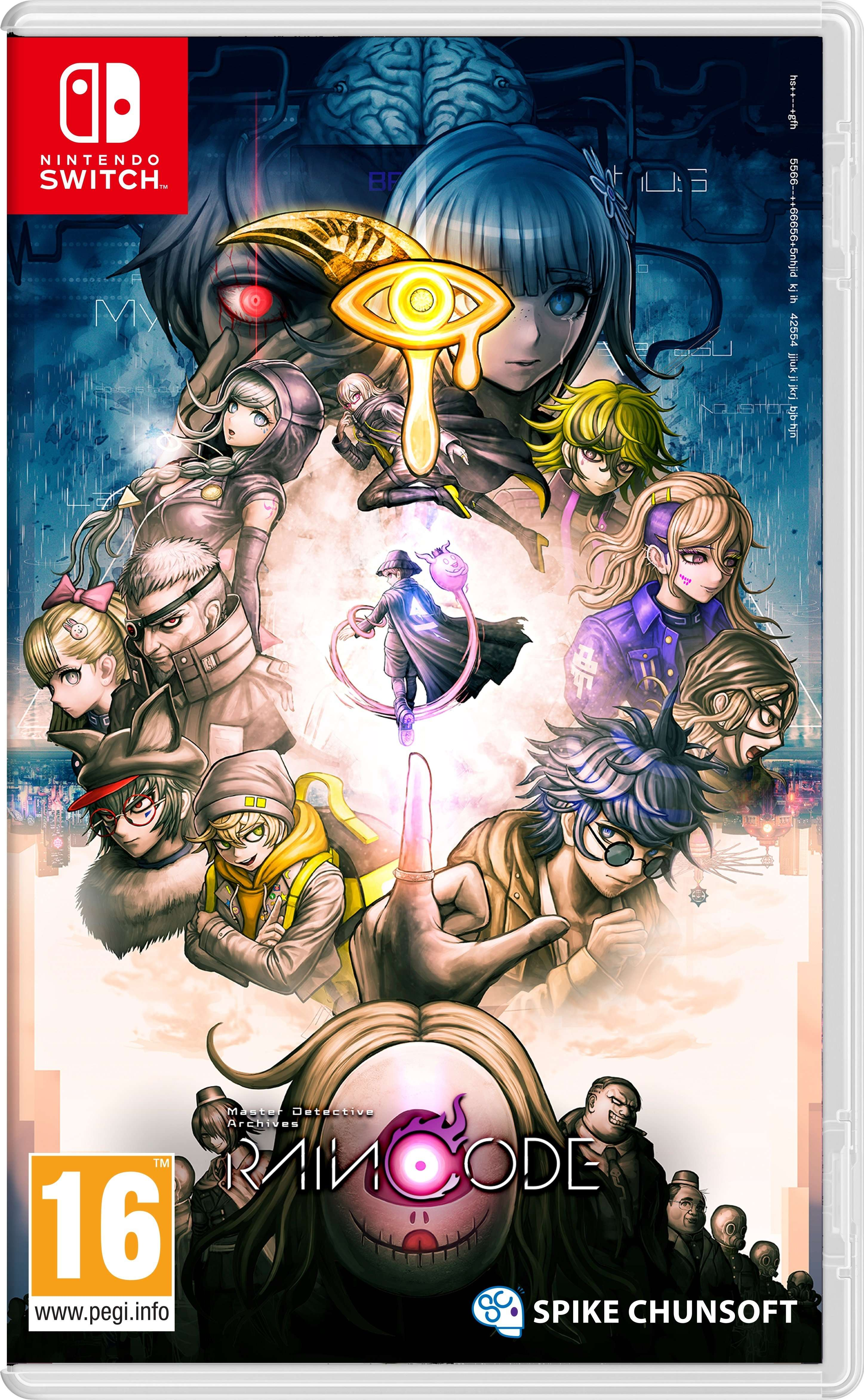 Copertina del gioco Danganronpa. I personaggi sono mostrati con uno sfondo cittadino. Un grande occhio è al centro. Logo Switch in alto a sinistra.