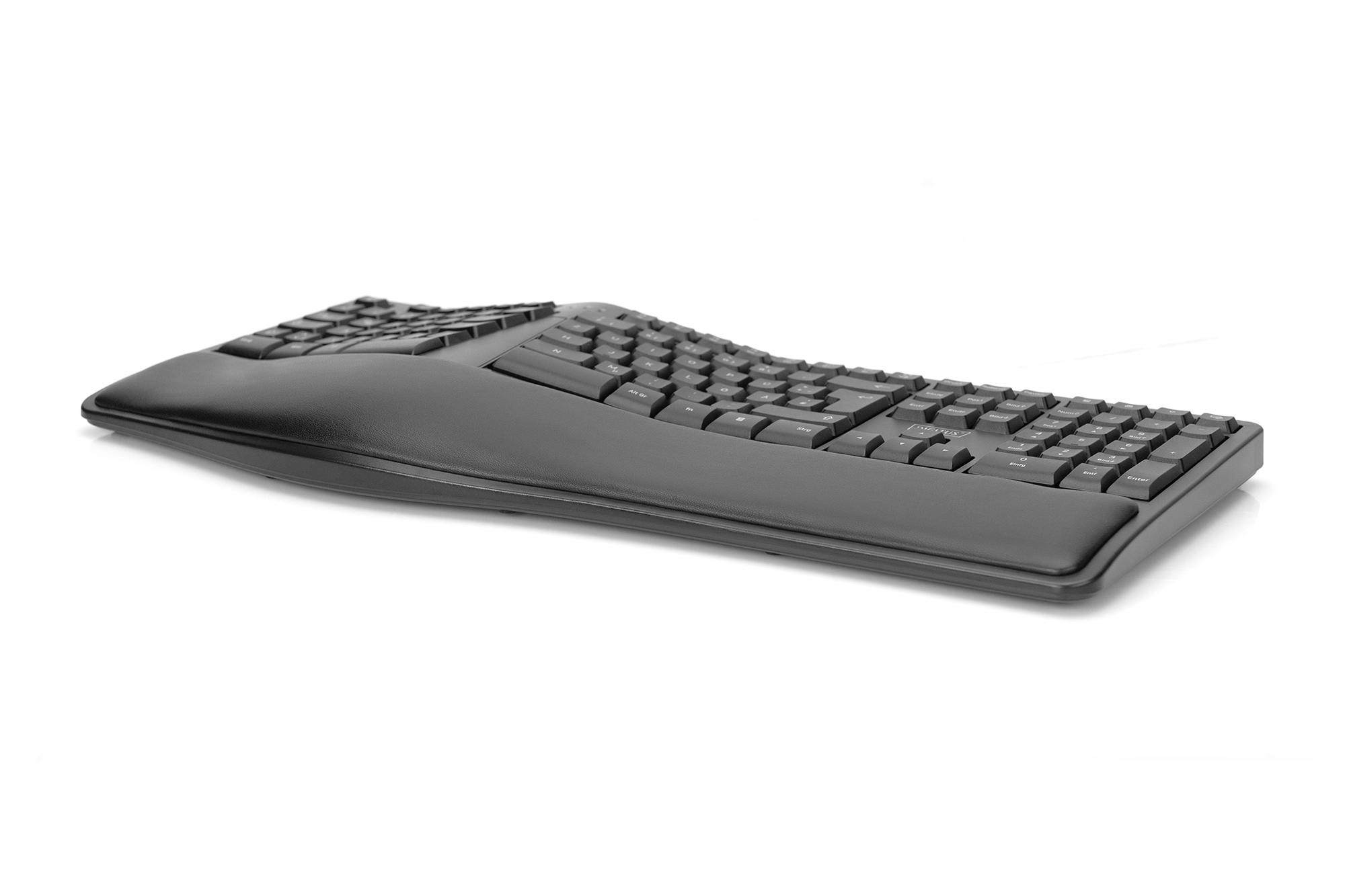 Tastiera ergonomica nera con design curvo, sfondo bianco.