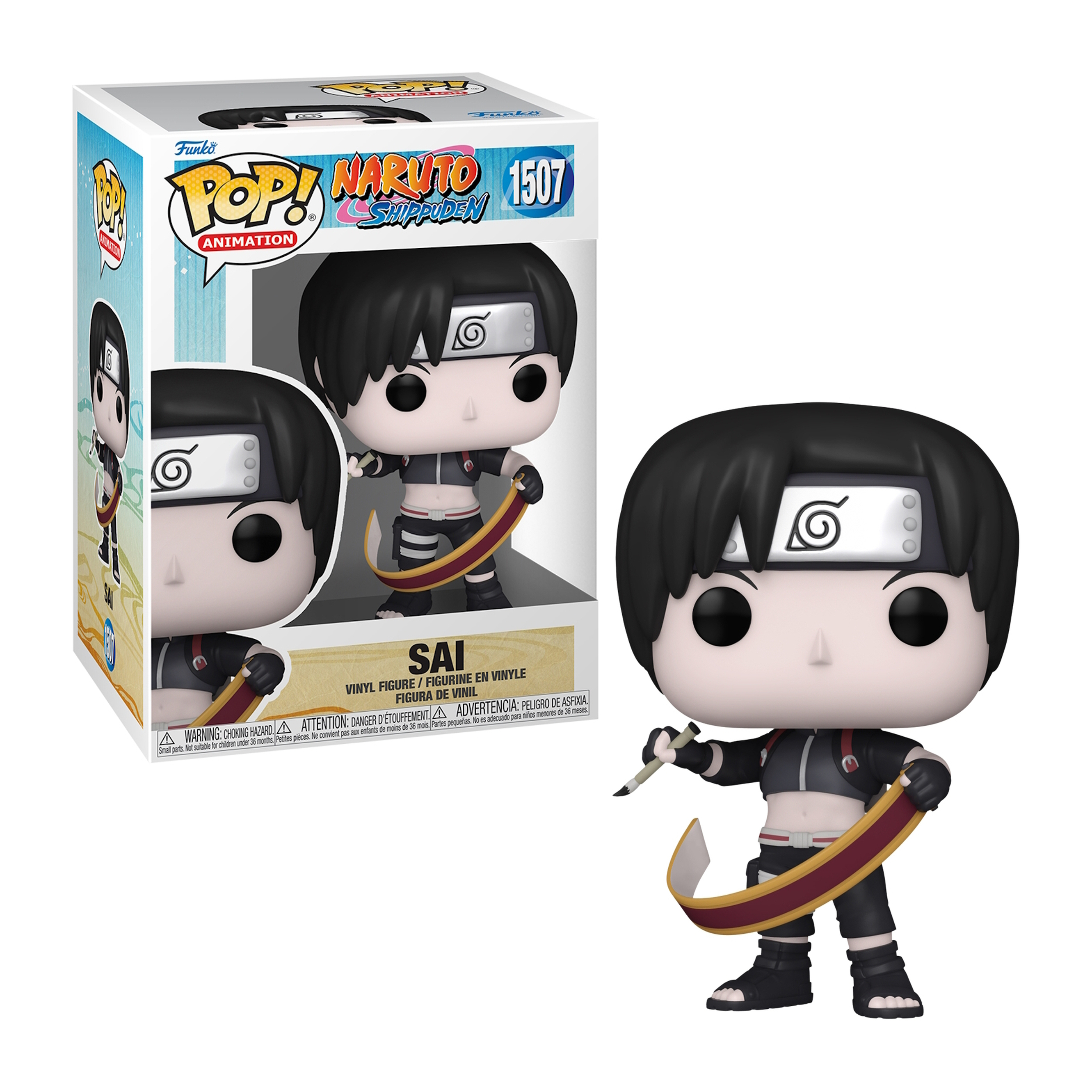 Figurka Funko Pop! Sai z Naruto, w pudełku i poza nim, na białym tle.