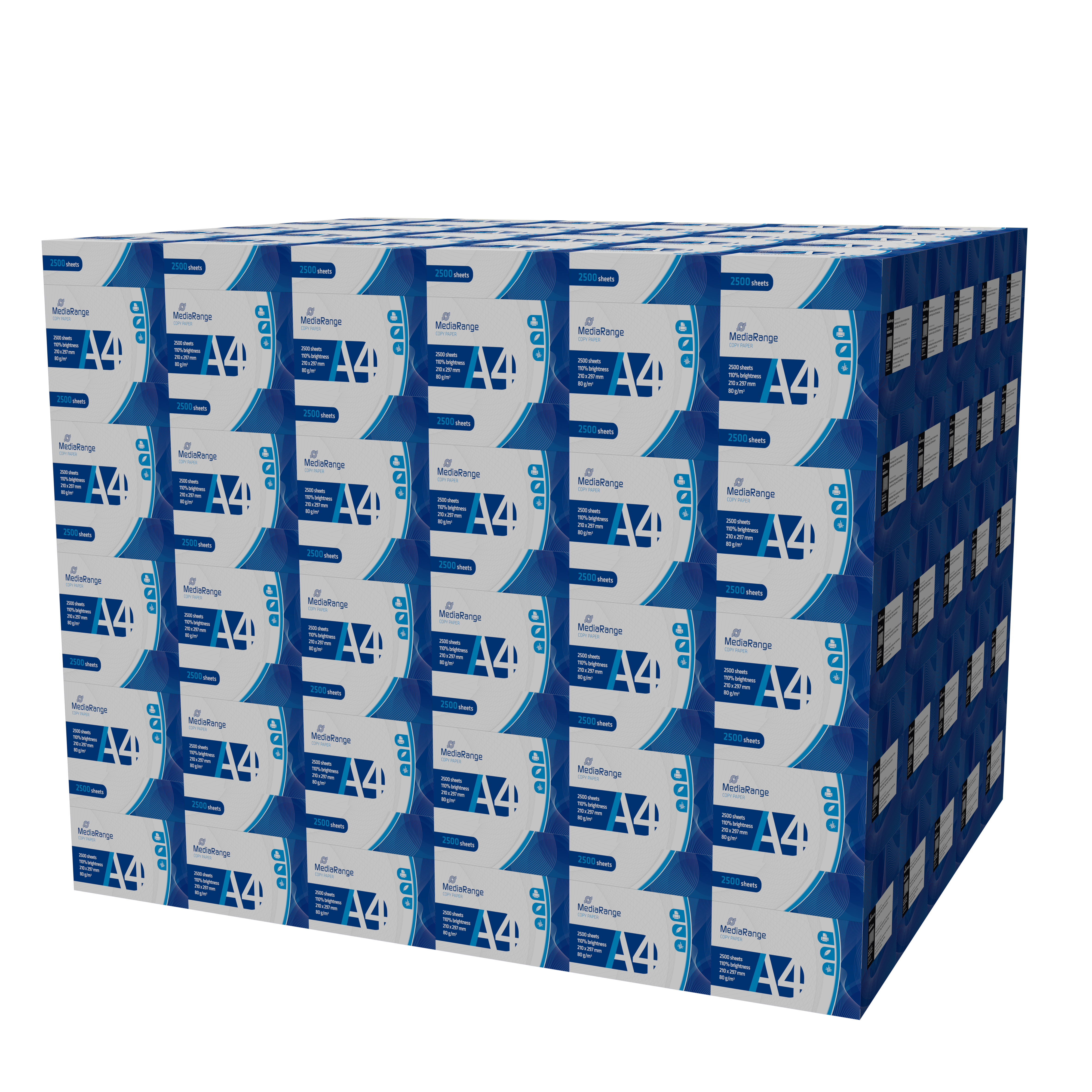 Stos białych ryz papieru, owiniętych folią, z niebiesko-białymi etykietami.