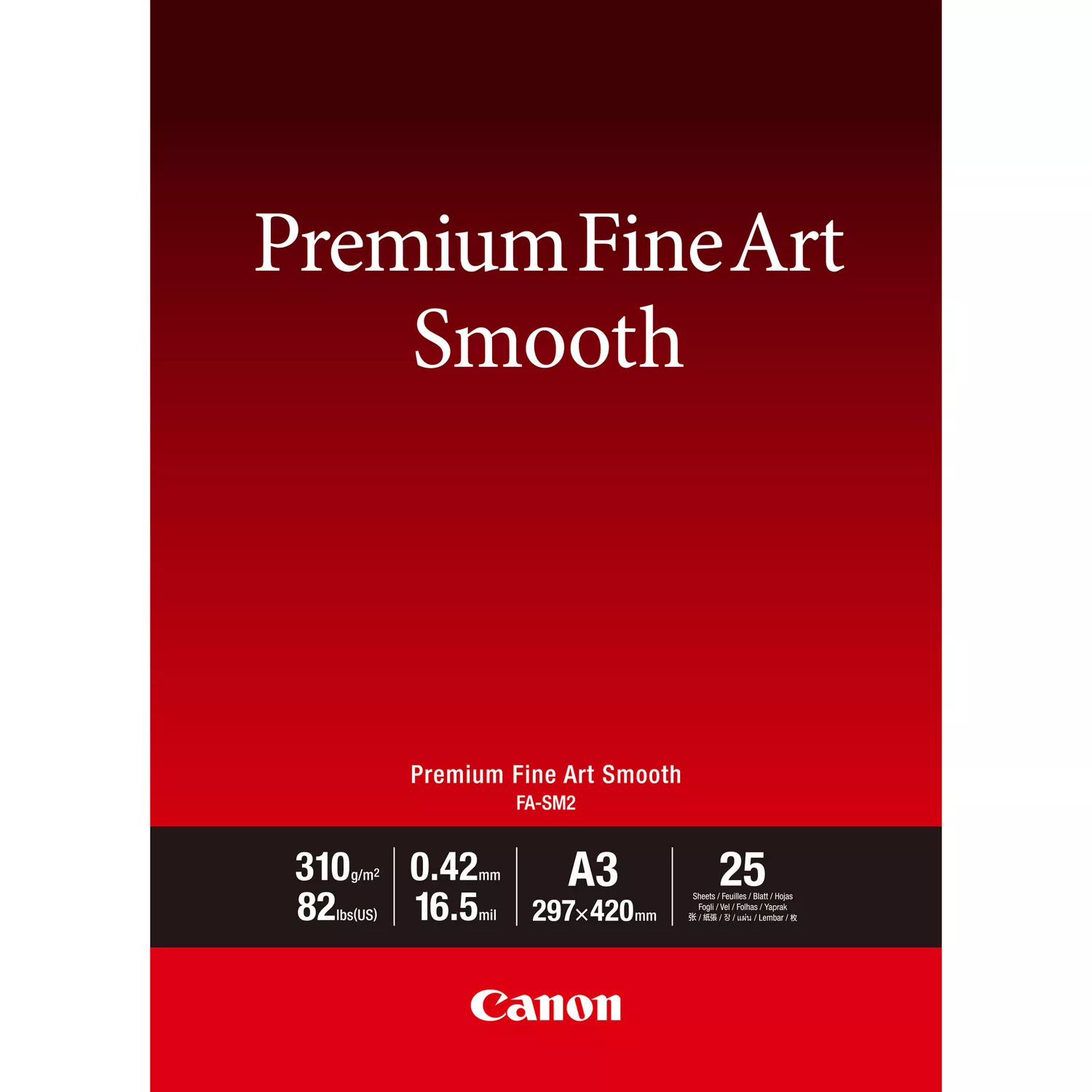 Czerwony papier z tekstem 'Premium Fine Art Smooth', logo Canon i szczegółami.