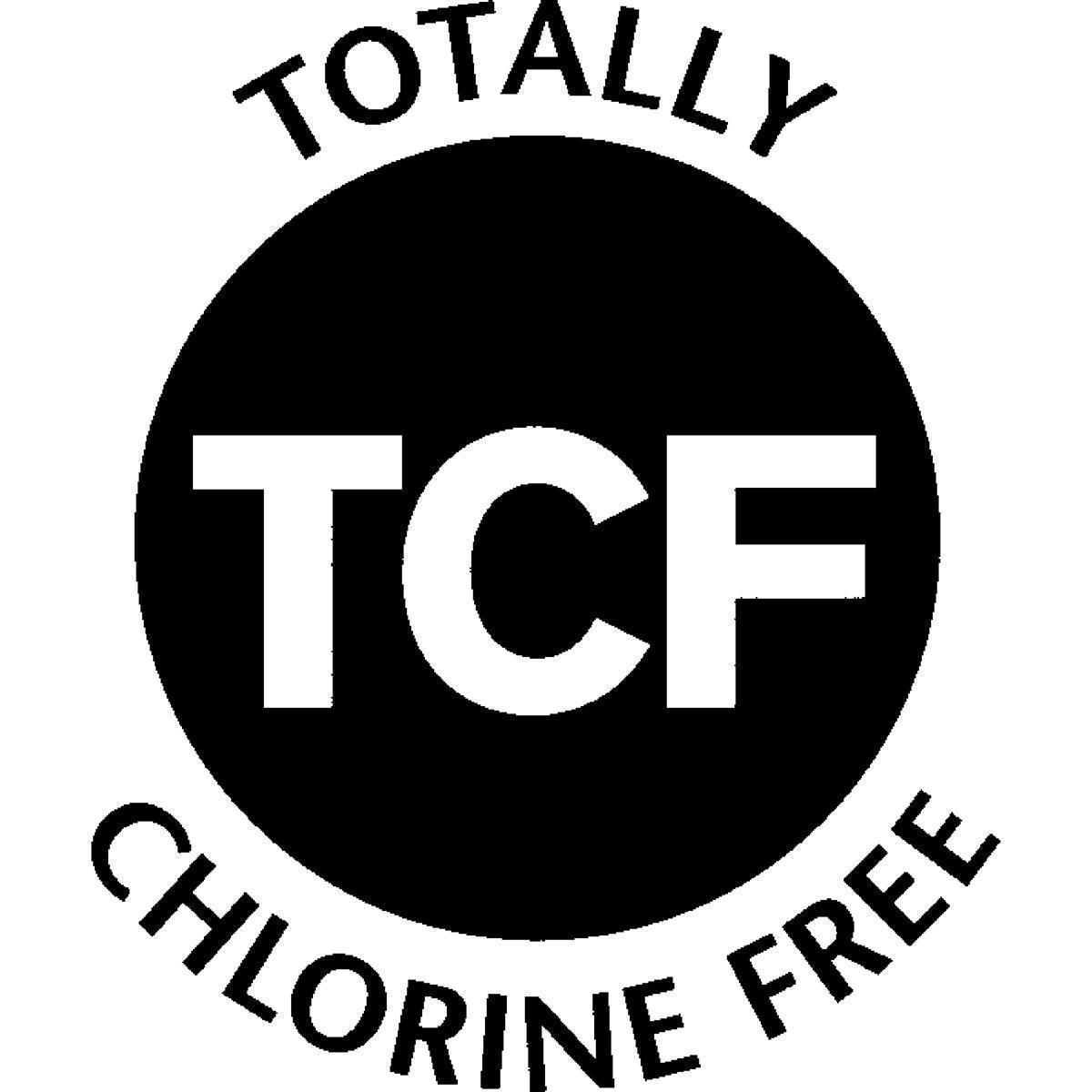 Czarny okrąg z białym napisem 'TCF CHLORINE FREE'.