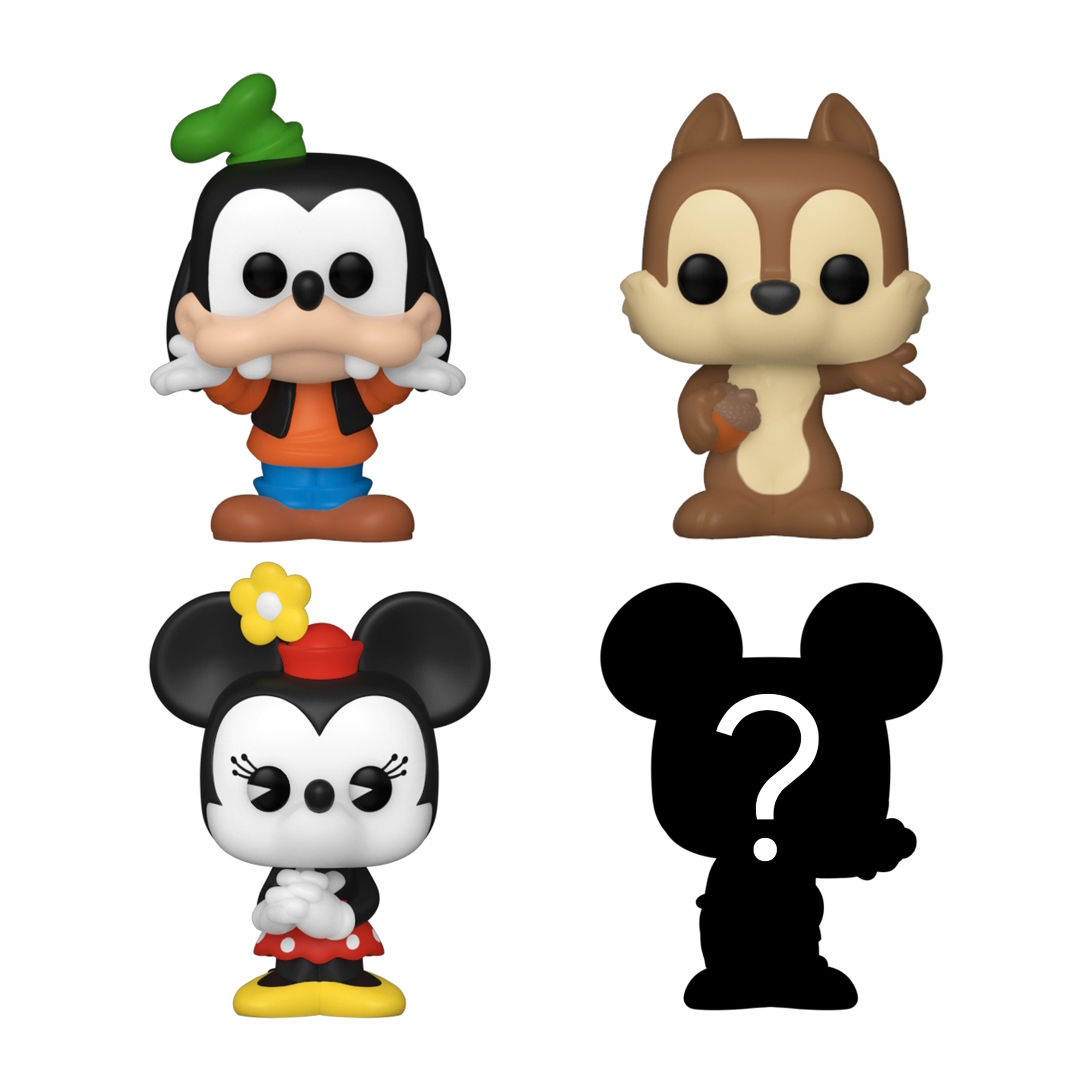 Cztery figurki Funko Pop: Goofy, Chip, Myszka Minnie i sylwetka Myszki Miki.