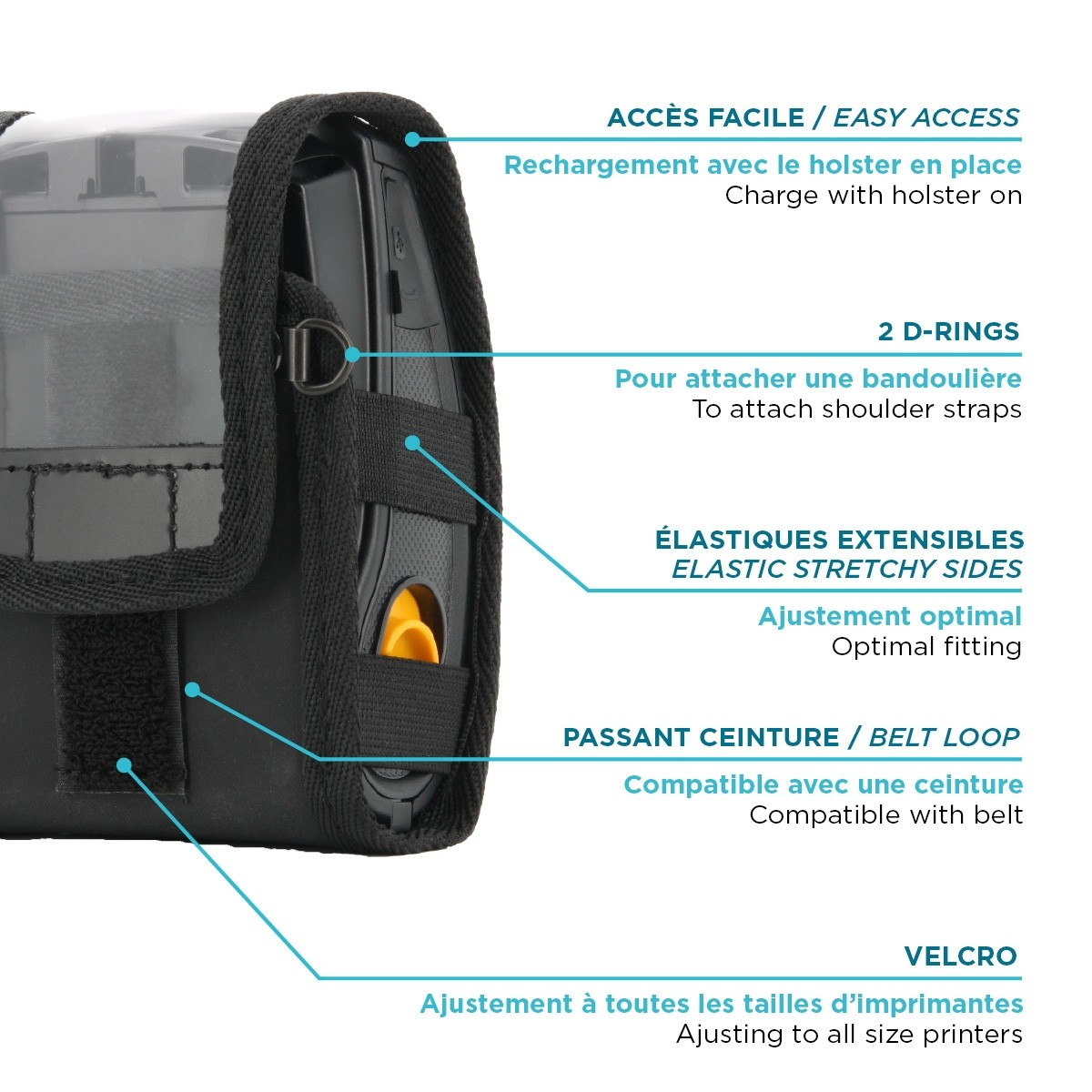 Czarny pokrowiec na telefon z francuskimi etykietami, pokazujący funkcje.