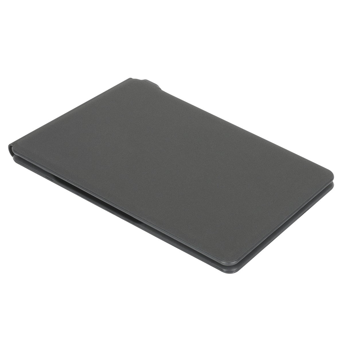 Custodia per tablet grigio scuro, chiusa, ad angolo su una superficie bianca.